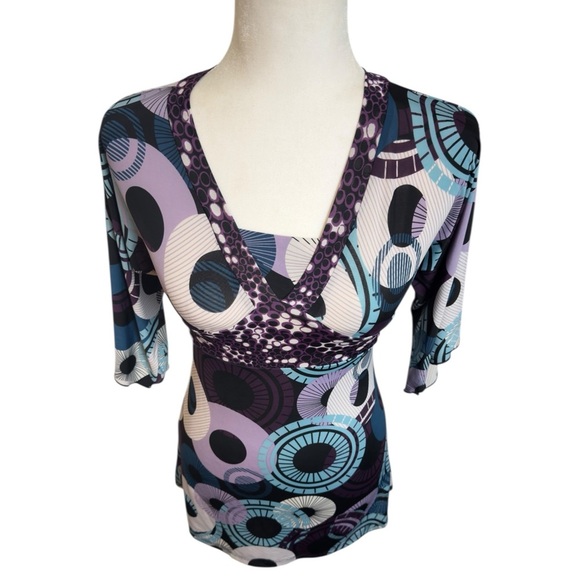 Vintage Y2K Babydoll Retro Circle Print Tie Back Flare Sleeve Top By BCX Girl - Picture 3 of 9